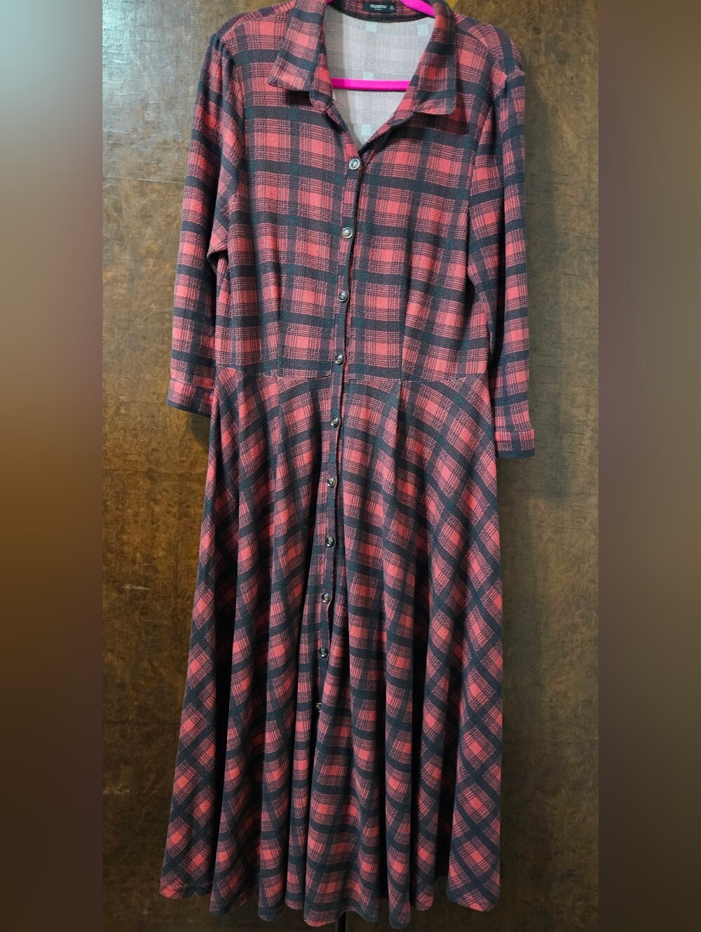 Button-Front Red & Black Plaid Maxi Duster/Dress